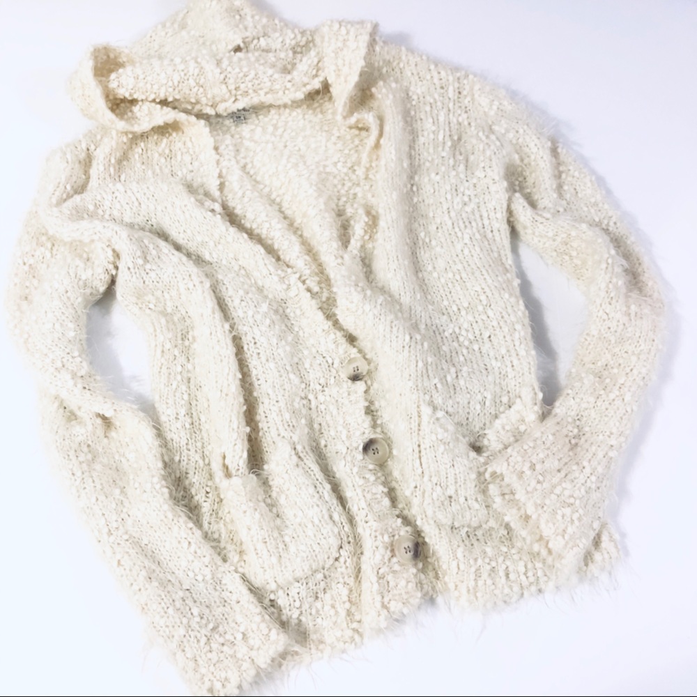 COZY CASUAL CREAM SHERPA POPCORN CARDIGAN W/ HOOD